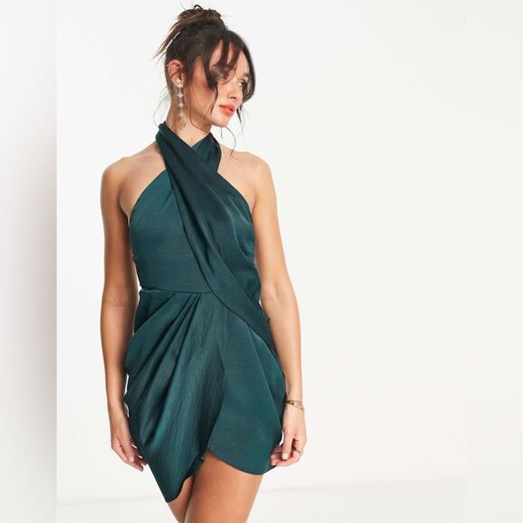 NWT ASOS Forest Green Satin Twill Halter Drape Neck Holiday Festive Mini Dress 2 - Picture 1 of 10